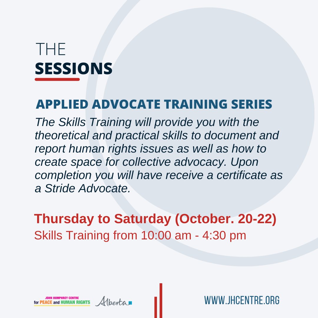 jhcentre's tweet photo. Lethbridge Residents: Join us for a three day training where you will have the opportunity to learn to strengthen your capacity to monitor, document &amp; advocate on human rights issues

Thursday-Saturday, October 20-22, 10:00 am - 4:30 pm

Register here: https://t.co/ozI1zX6QRf https://t.co/bPa9qZZhTm
