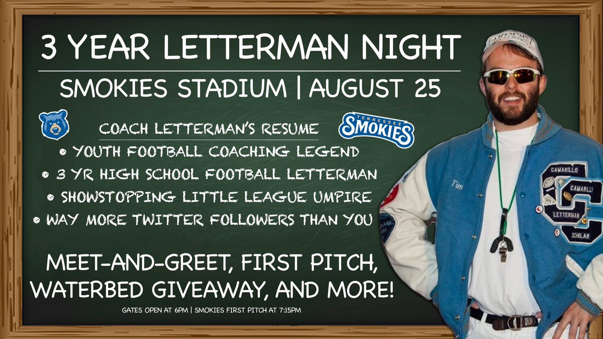 3YearLetterman's tweet image. I have VERY big news. The Tennessee Smokies, the Cubs’ AA affiliate in Sevierville, TN, are hosting an official Three Year Letterman Night next Thursday, August 25th. I’ll be throwing out the first pitch, and there’s a waterbed giveaway. Come out to Smokies Stadium and say hi