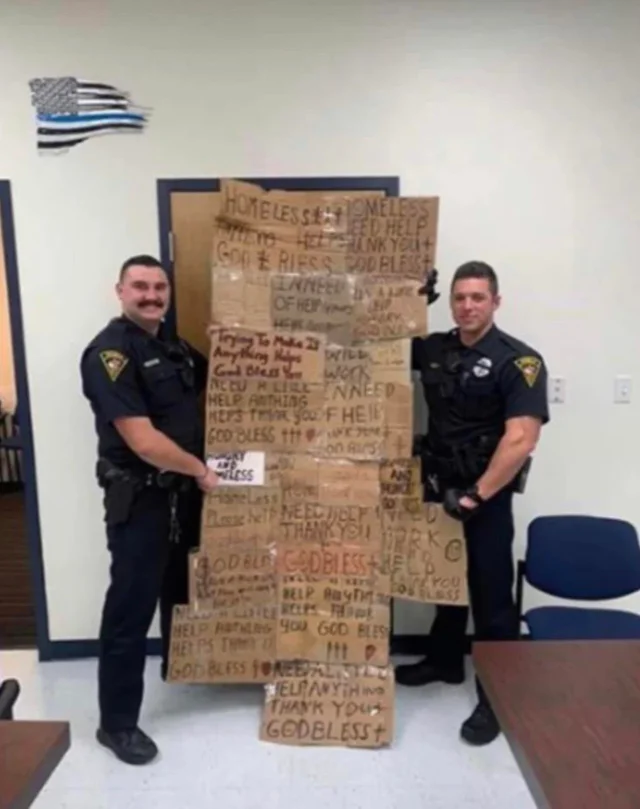 kennedytcooper's tweet photo. Alabama cops proudly displaying the signs they stole from the homeless https://t.co/2JGgK1UUXL