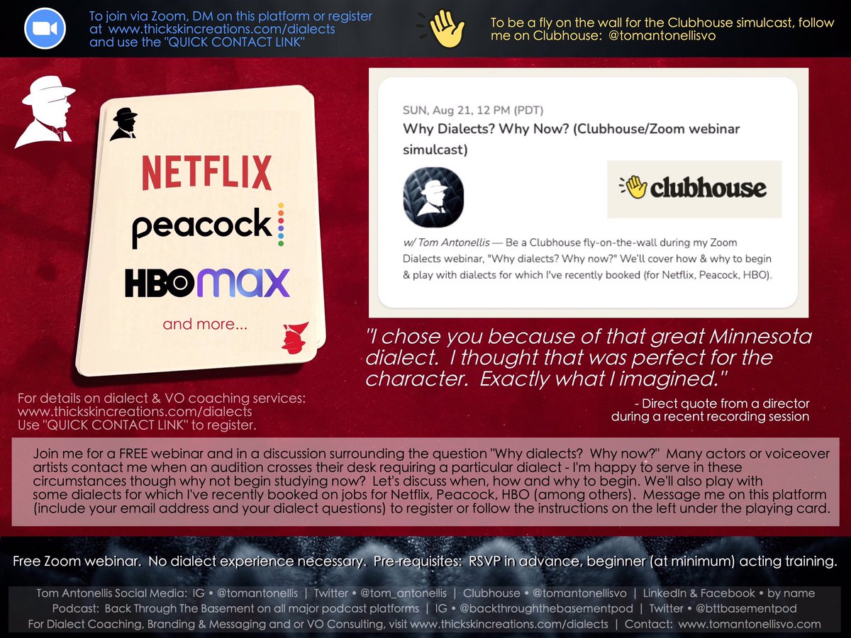tom_antonellis's tweet photo. Be a #Clubhouse fly-on-the-wall during my Zoom Dialect webinar, WHY DIALECTS? WHY NOW?

Sun Aug 21 - 12pmPST

Covering how/why to begin #dialectstudy &amp; playing w/ #dialects for which I've recently booked (#Netflix, #Peacock, #HBO).
DM to reg or follow on CH [AT]tomantonellisvo https://t.co/inylKoCA6V