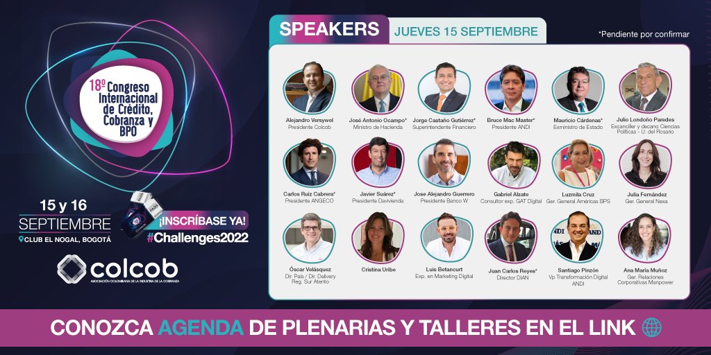 Colcob_Colombia's tweet photo. 🚀Conozca la agenda temática del 18° Mega Congreso Internacional de Crédito, Cobranza y BPO #Challenges2022
15 sept. Plenarias
16 sept. Talleres académicos
Asegure su cupo y descargue la agenda 👉https://t.co/ChqGIx4bPp https://t.co/yNzlMprFEl