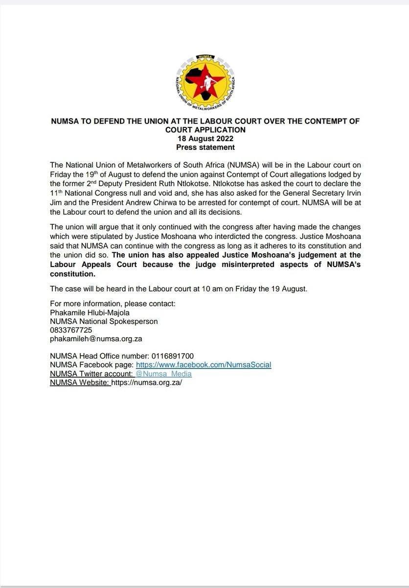 Numsa_Media's tweet photo. NUMSA heads to the Labour court to defend the union against the contempt of court application. ππΎβ€ππ€
#DefendDemocracy
#HandsOffNUMSA
@IrvinJimSA
@Newzroom405
@eNCA
@SAfmnews
@SABCNews https://t.co/ZScRtcqvKd