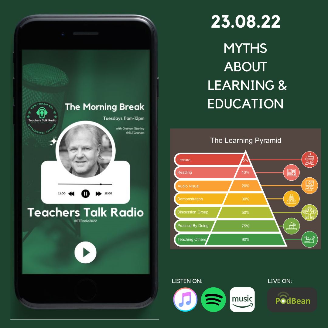 EltGraham's tweet photo. Join me live next Tuesday on @TTRadio2022 for a show dedicated to #myths about #learning and #education. Yes, that means you #learningstyles and that #learningpyramid nonsense and what's that about #school killing #creativity? And...well, you'll just have to wait and see. https://t.co/CD2nYdaeh0