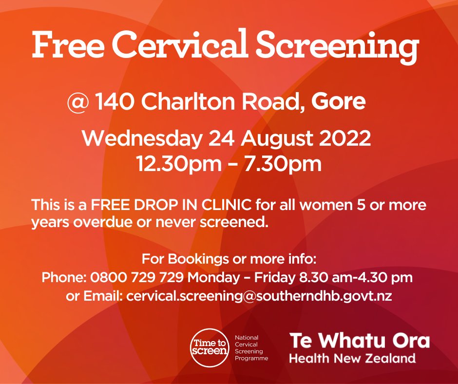 HNZSouthern's tweet photo. Free Cervical Screening at 140 Charlton Road, Gore. Wednesday 24 August 2022 12.30pm - 7.30pm. Free drop in clinic for all women 5 or more years overdue or never screened. For more information:https://t.co/of8NaPp2Su
#TeWhatuOraSouthern #TimeToScreen #CervicalScreening https://t.co/tGn9Rd60VN