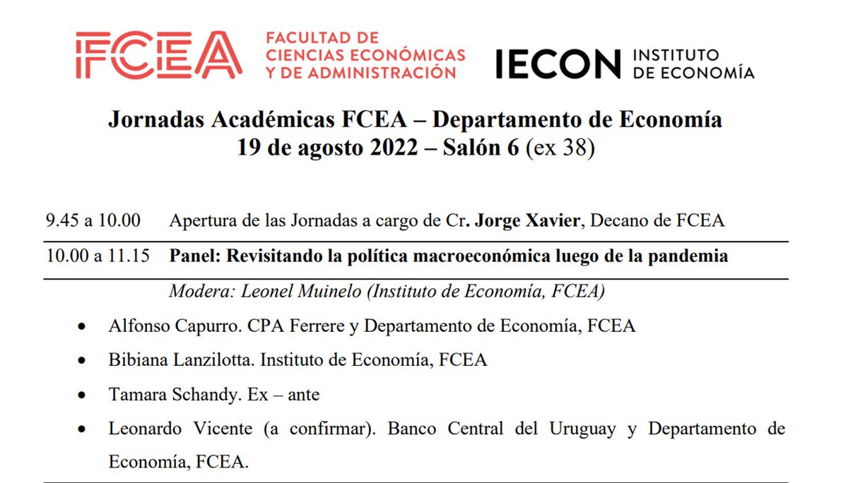 AlfonsoCapurro's tweet photo. 🛑Mañana a las 10:00 estaremos participando en las Jornadas Académicas de FCEA con @TamaraSchandy, Bibiana Lanzilotta y Leonardo Vicente. Un panel para reflexionar sobre políticas macro post COVID. https://t.co/X7os04T5g4
