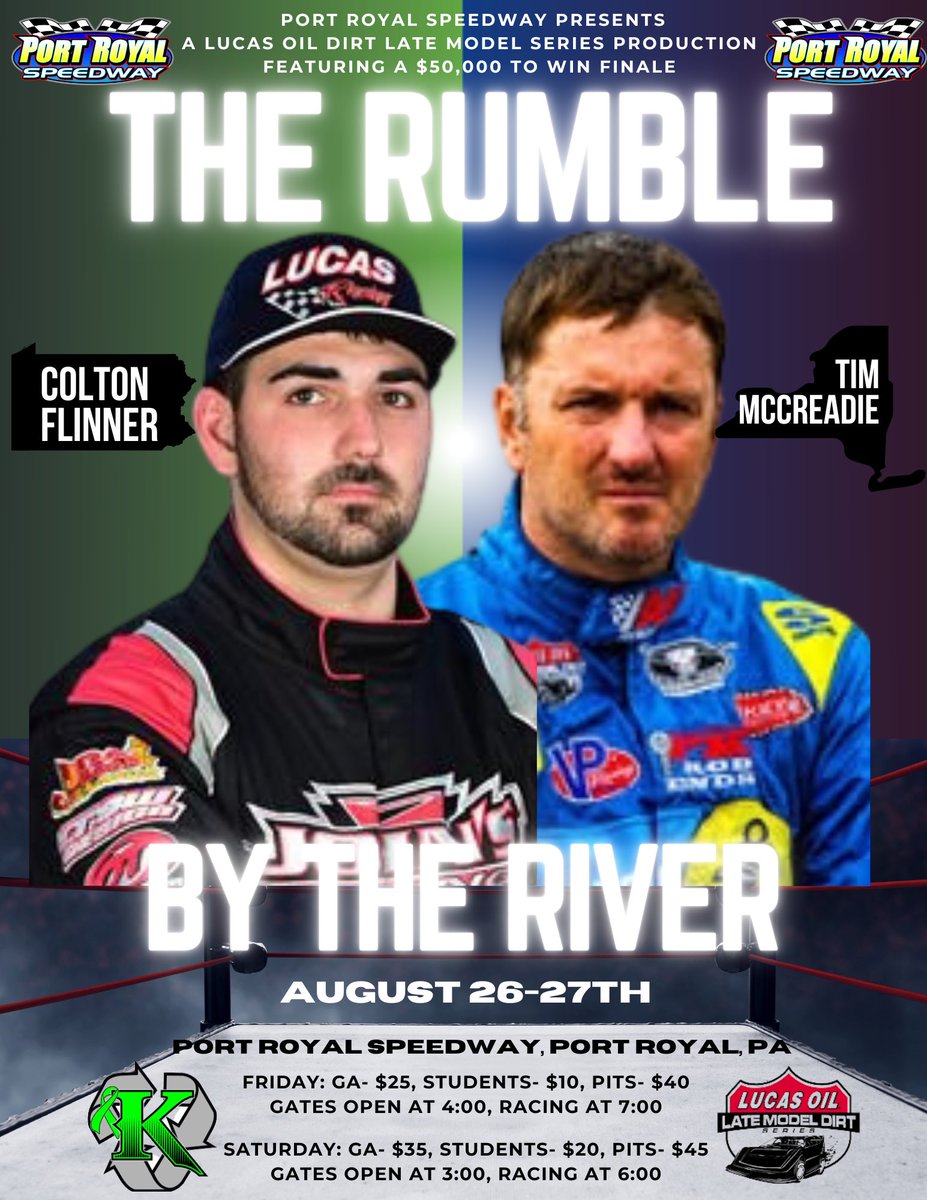 PortRoyalSpdway's tweet photo. August 26-27th, @lucasdirt invades the Port Royal Speedway for the #RumbleByTheRiver!

Friday- two $5000 to win twin 25’s. Saturday- $50,000 to win! Over $200,000 across both days! 

@ColtonFlinner leads the locals, @PaylorMotorsprt @TimMccreadie heads the national tour! #Rumble https://t.co/FEgvJmxWYa