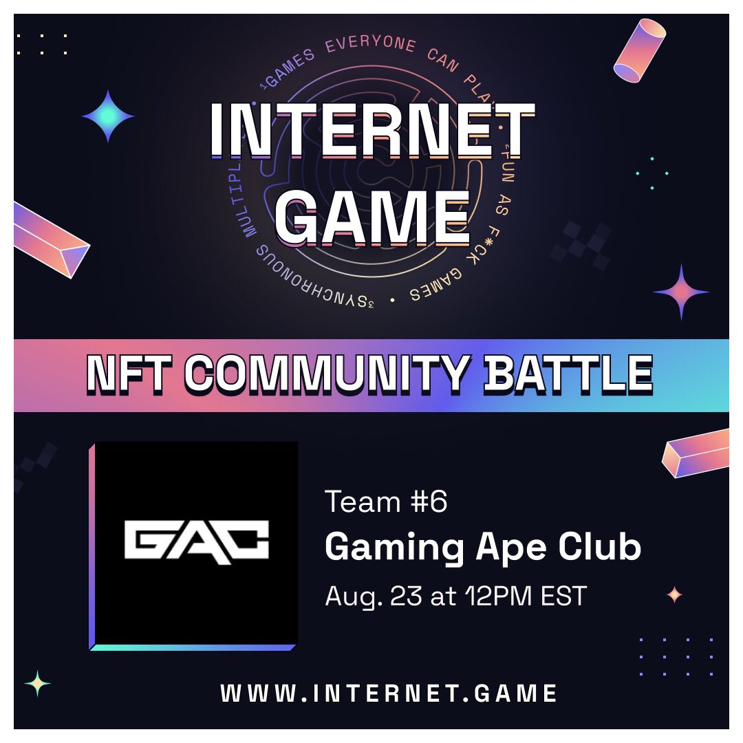 We are excited to announce our participation in the <a href="/internet__game/">IG Backup</a> NFT Community Battle!

Over 25 amazing communities will be competing 🫡

The GAC community is packed with gamers, so you know we plan to show out 🎮

We have 3 extra spots for our team, who has what it takes? 👀