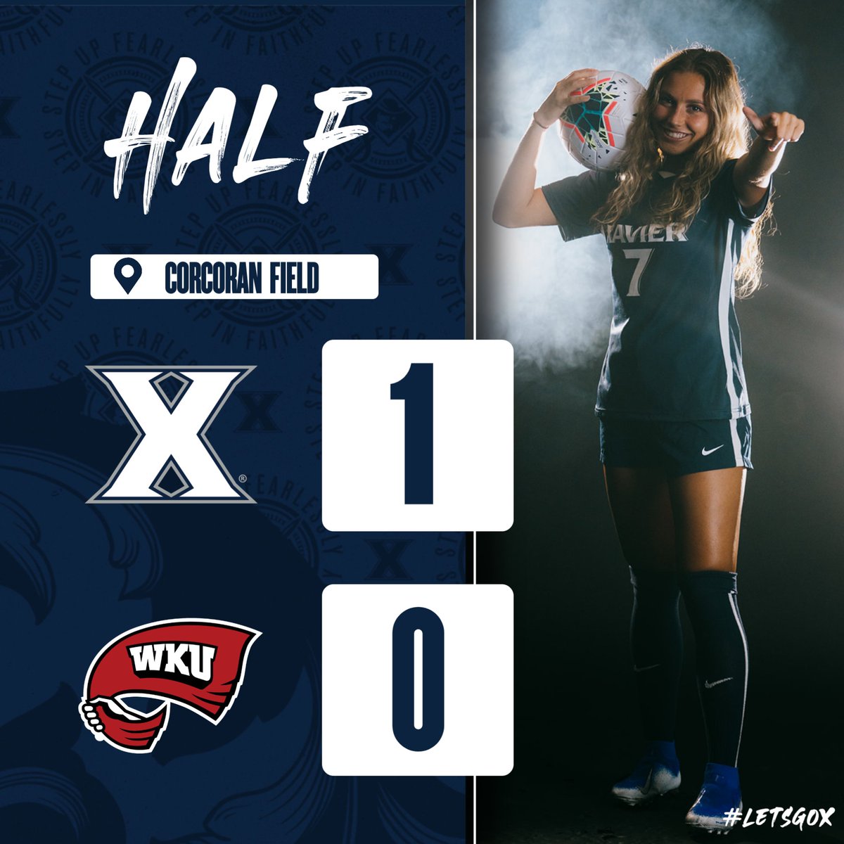 HALF | Simone Rivard-Roberts goal right in the final minutes of the first half gives Xavier the lead at the break!

#LetsGoX