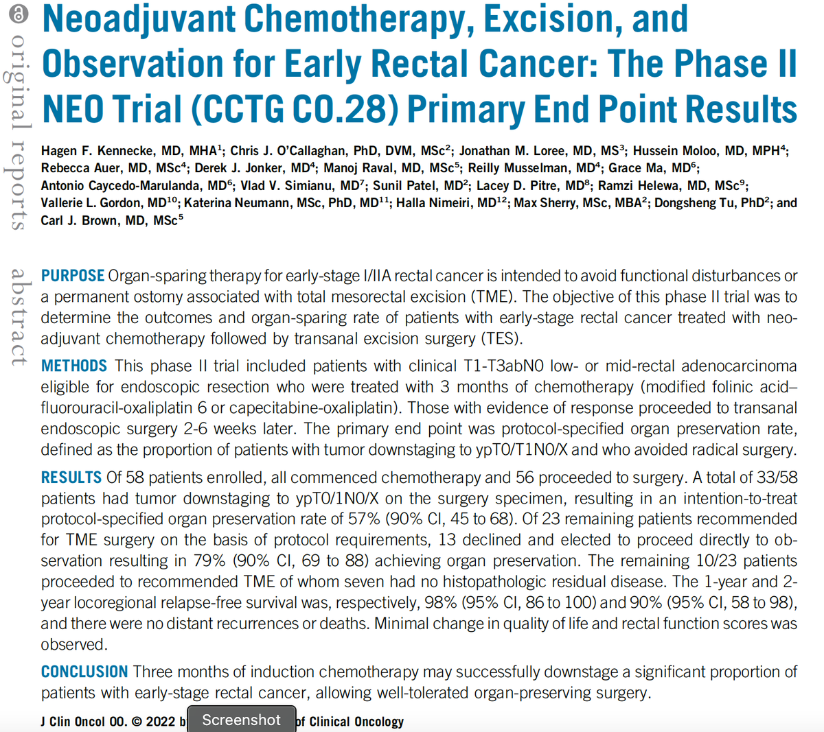 drcarl_vancouvr's tweet photo. NEO trial published!  Great collaboration betw medical oncology and surgery (@HKennecke and our group), supported by @CDNCancerTrials 

[neoadj chemo + TEMS/#TAMIS for small T1-3abN0M0 rectal CA] 

https://t.co/HhuRNuEzW7

A couple of lessons learned.  🧵 https://t.co/x7Wksj4ULy