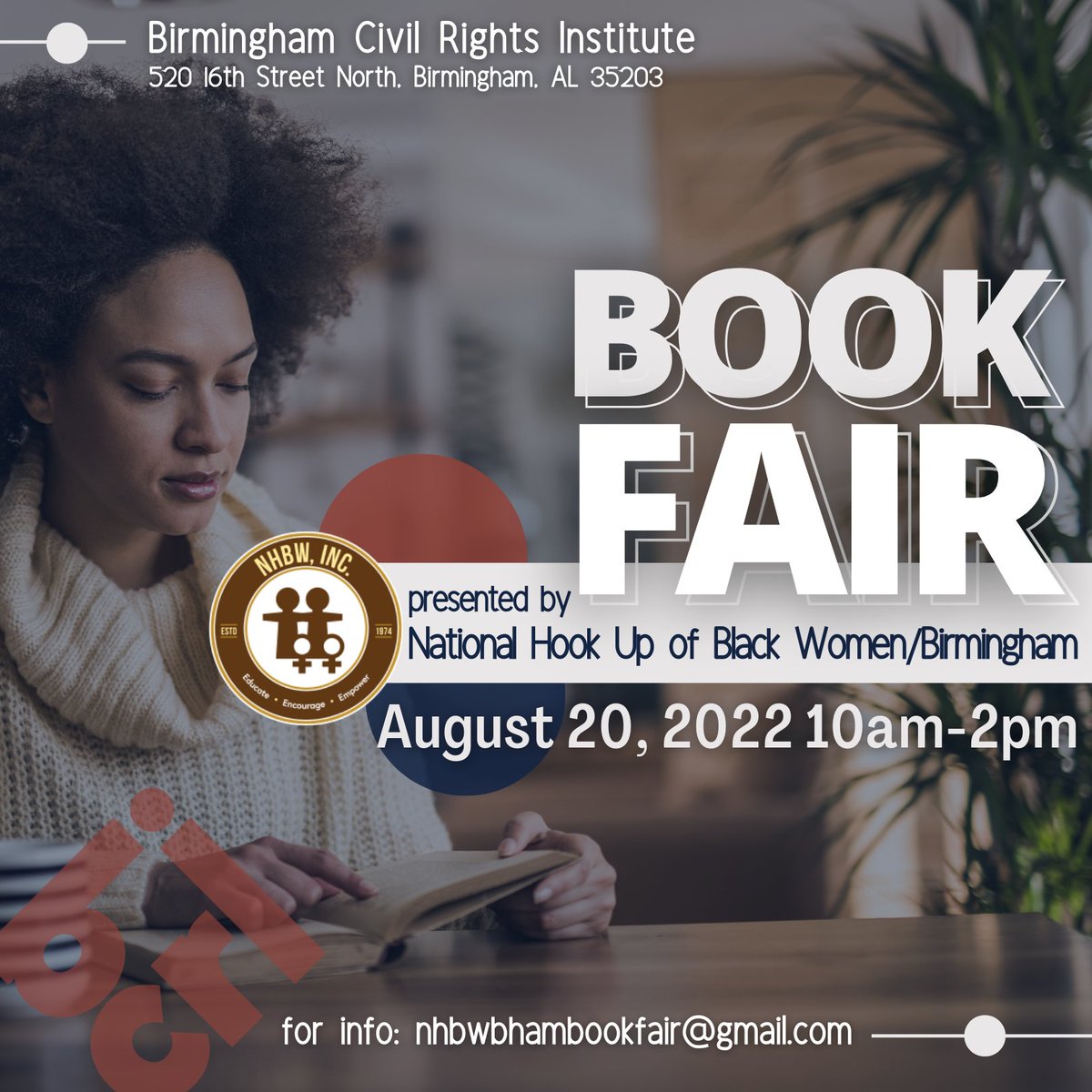 bhamcivilrights's tweet photo. SATURDAY: Join us for NHBW Birmingham's 4th Annual Author's #BookFair! Black authors from all over the nation will share their literature, stories &amp; inspiration at this FREE event. Come get signed copies of their books at BCRI on 8/20. It will be a literal treat! https://t.co/Bq6llBPhJY
