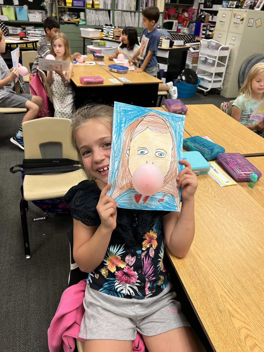This week in art, Mrs. Cruz’s class drew self portraits. Who says you can’t blow bubble gum bubbles at school!