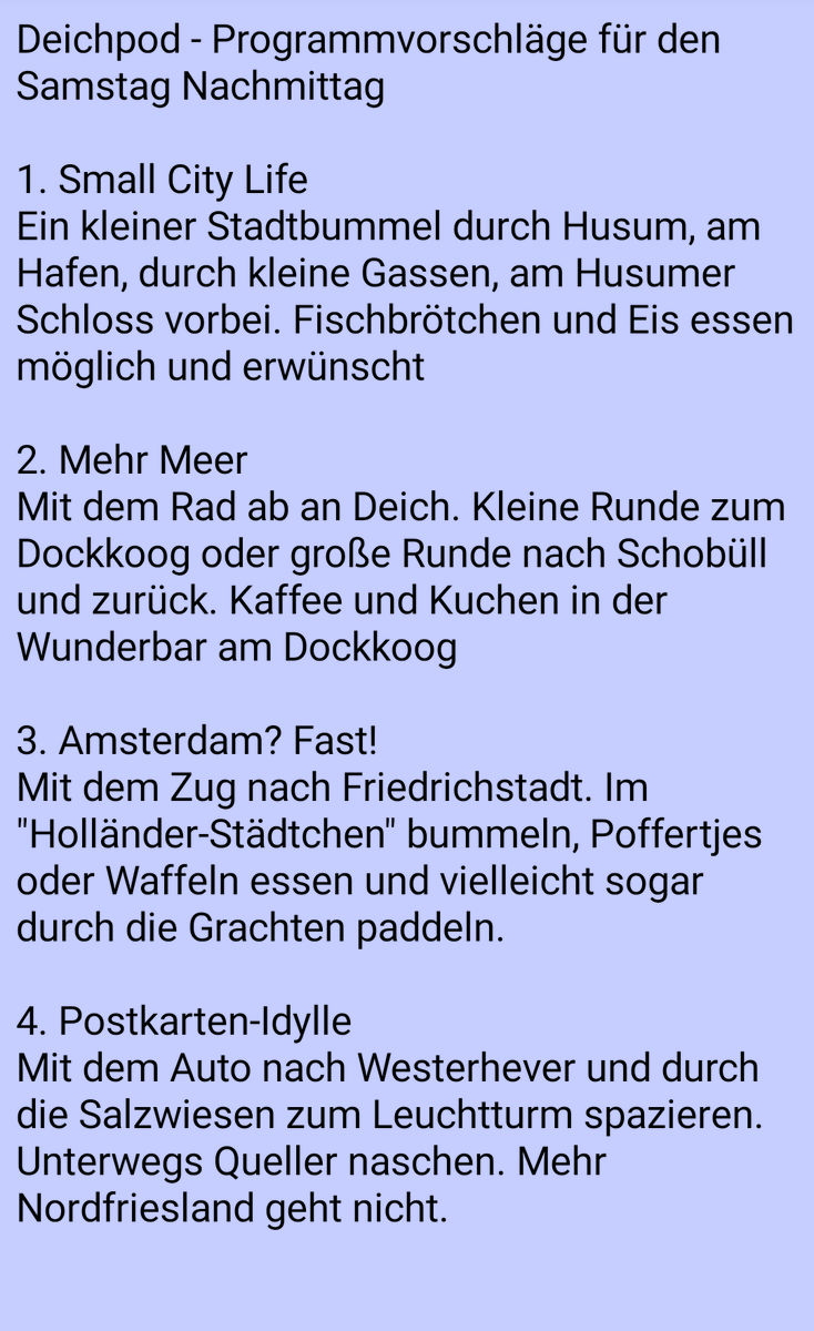 deichpod's tweet photo. Für alle Deichpodis die am Samstag nicht ganztägig im Pastoratsgarten chillen wollen, haben wir uns ein paar Programmvorschläge überlegt. 
Seid ihr #teamunterwegs oder #teamPastoratsgartenchillen ? https://t.co/9zErdc7OJq