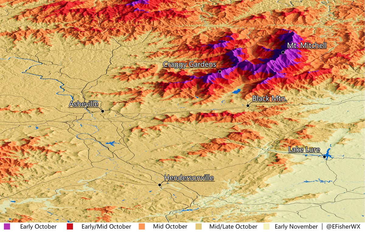 EFisherWX's tweet photo. It's too early to issue peak fall foliage forecasts in western NC, but here's when leaves typically reach their peak color in the Asheville, NC area! Are you planning a trip to the mountains this fall? #FoliageReport https://t.co/U5JlmuV9Mf