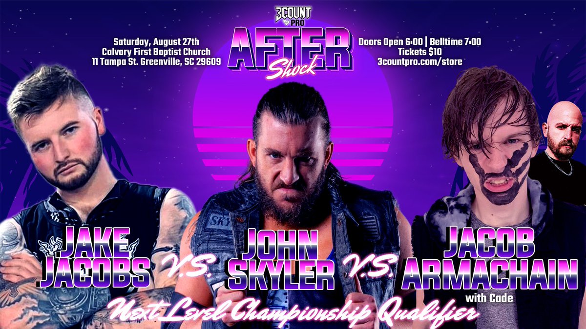 3CountPro's tweet photo. It’s been many years, but @TheJohnSkyler makes his return to 3Count Pro on 8/27 to take on Jacob Armachain and Jake Jacobs in a Next Level Championship Qualifier! The winner moves on to the Next Level Championship match in October! #3CountPro #AfterShock https://t.co/qAQqDdK5pB
