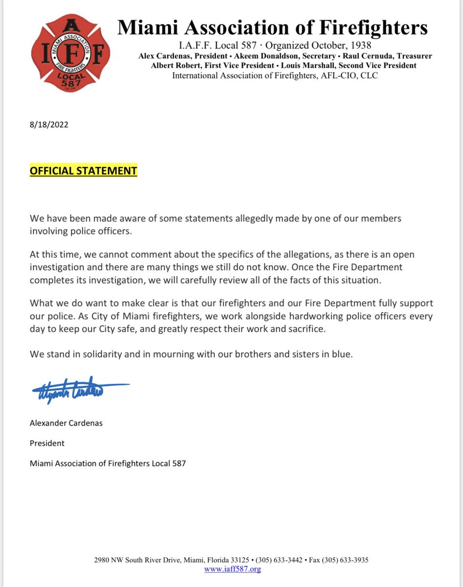 Official Statement from President Alex Cardenas