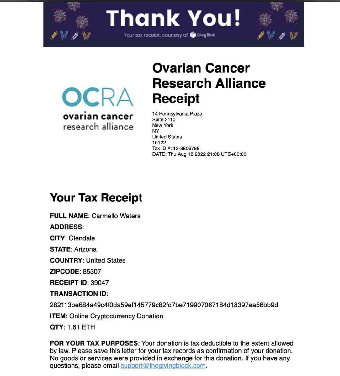 CryptoEmpressX's tweet photo. We just made another 1.6ETH donation to the @ocrahope and @TheGivingBlock will be matching us🙏🏽❤️

Thank everyone who have supported the #PinkLadies @Delta_Flare #OCRA #OvarianCancer #Donation #Crypto #cryptocurrency https://t.co/I7MB3k0nhE