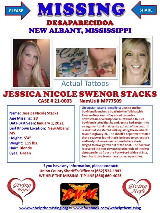 savedgirl316's tweet photo. #JusticeForJessica
If you know ANYTHING about Jessica's disappearance, even if it seems insignificant, PLEASE call the UCSO: (662) 534-1943, or the "We Help The Missing" tip line: (866) 660-4025
You can remain ANONYMOUS when you leave your tip!
#JessicaNicoleStacks
#Coverup https://t.co/dm1zf6UsPb