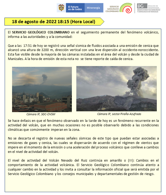 sgcol's tweet photo. Emisión de ceniza del 18 de agosto de 2022 a las 18:15
#SGCVolcanes https://t.co/uBmQc9NphT