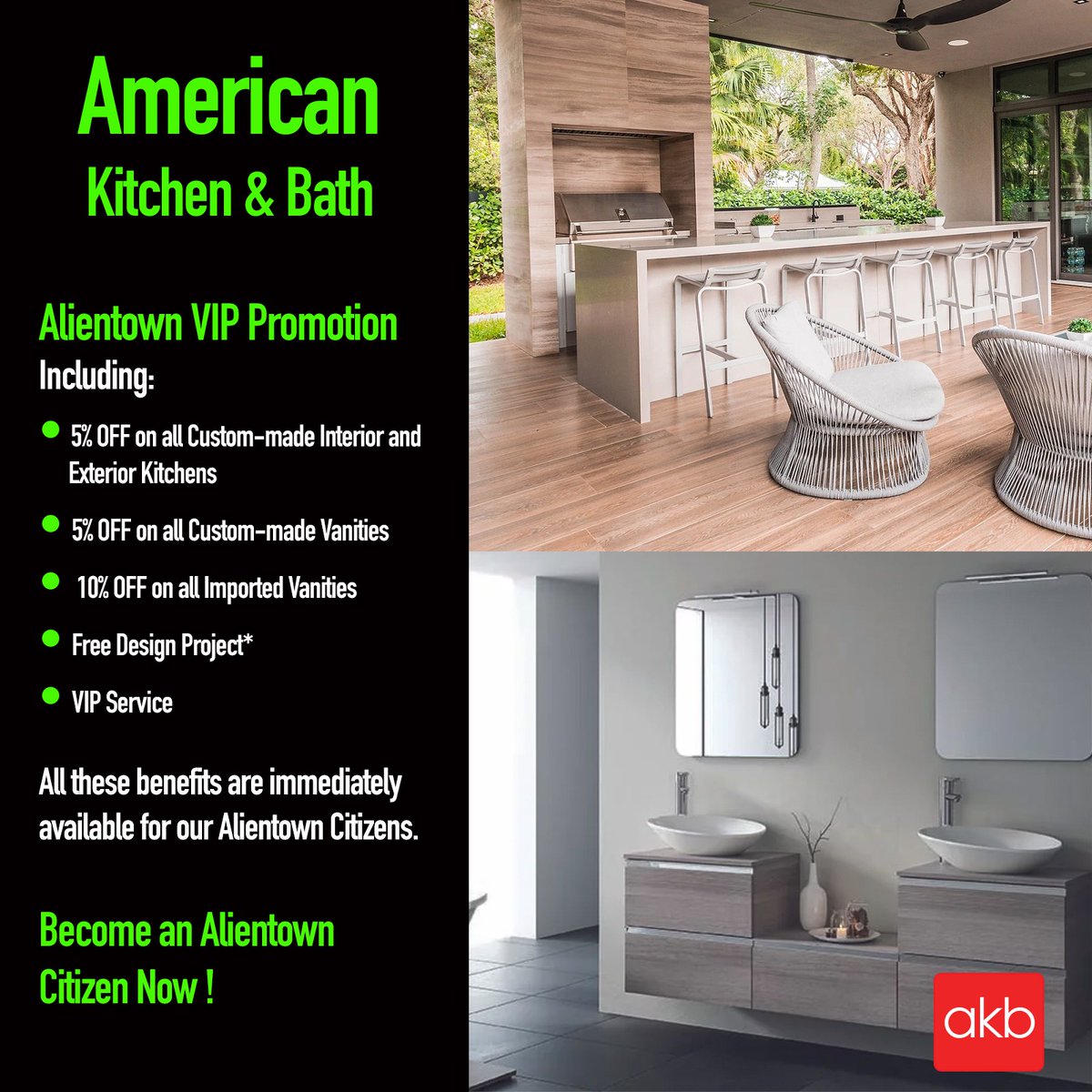 AlienTownnft's tweet photo. Our new ally; American Kitchen &amp; Bath, with the most luxurious kitchens made on design. All our Citizens will will enjoy great lifetime discounts and benefits. Come check us out and all our current partners at https://t.co/JIpoeS3xhw and become one of us.#NFT #NFTCommmunity https://t.co/ucRn6gThHb