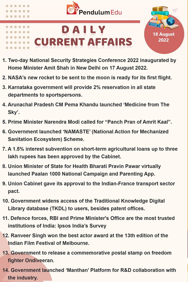 BORN4WIN's tweet photo. Here ππ is the important Current Affairs of 18th August, 2022.
#upsc #tspsc #appsc #gjpsc #gs
#currentaffairs #August2022 #gk
#mppsc #opsc #jkpsc #cpsc
(Data courtesy: Pendulumedu) https://t.co/mV7dKR0nqF