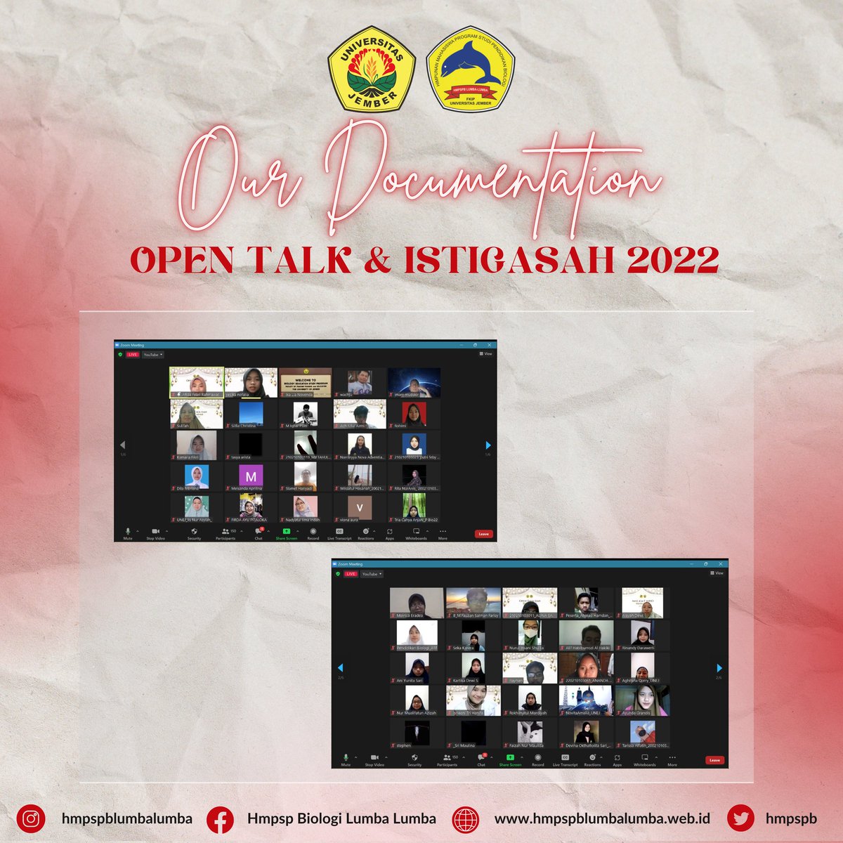 hmpspb's tweet photo. Istigasah dan Open Talk 2022🙌

Terimakasih kepada bapak dan ibu dosen serta teman-teman mahasiswa Pendidikan Biologi atas partisipasinya.
Sampai jumpa pada kesempatan berikutnya!

#OpenTalk22
#hmpspb
#pbioamazing
#pbiounej https://t.co/GeUJSaH6ZH