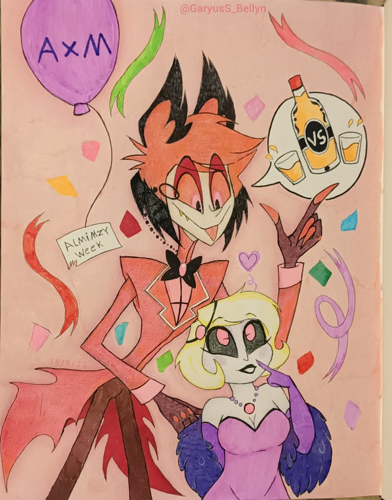 GaryusS_Bellyn's tweet photo. This cool couple of sinners are getting ready for a drinking competition!💖🍻 Who will win? A little late but here is my collaboration for the #AlMimzyweek #Alastor #Mimzy https://t.co/1UAwMmzmOA