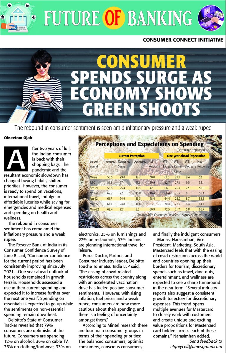 etgreycell's tweet photo. Future of Banking: Consumer spends surge as economy shows green shoots. The rebound in consumer sentiment is seen amid inflationary pressure and a weak rupee. @DeloitteIndia @mintelnews @Manasi212 @mastercardindia

#DigitalPayments #FutureofBanking https://t.co/4UFeIsjJOg