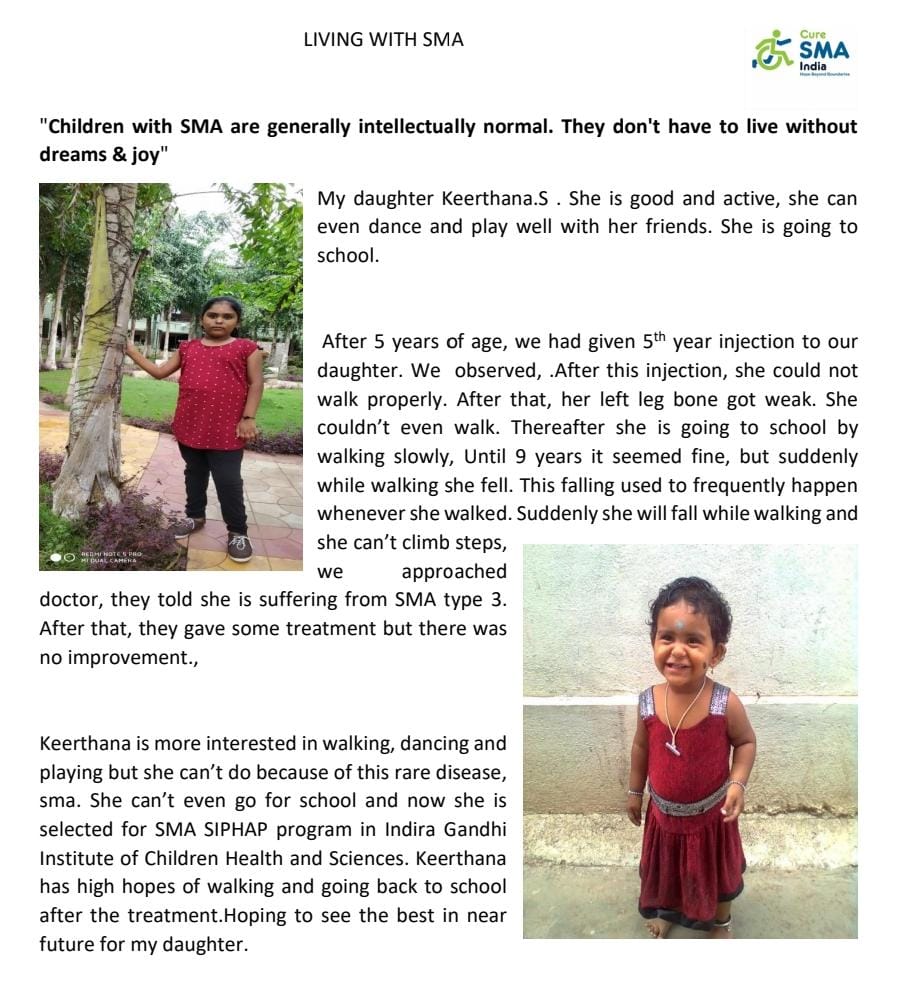 curesmaindia's tweet photo. #SMAawarenessMonth
Today's #SMArtWarrior (Type 3) is Keerthana from Bengaluru. Her parents share about her as someone who is interested in dancing and playing but can’t even go to school with #SMA. As she is receiving #Spinraza now through #SIPHAP ,they hope for a better future! https://t.co/SIQ0CxNhQ0