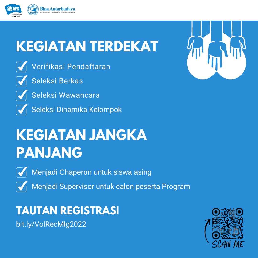 binabudmlg's tweet photo. 🥳 Ada kabar gembira! 🥳

Bina Antarbudaya Chapter Malang mengajak Kakak-Kakak untuk menjadi relawan di chapter nih.

Mari bergabung dan menjadi Relawan di Bina Antarbudaya Chapter Malang! 🎉 https://t.co/zVGu5YeuKF