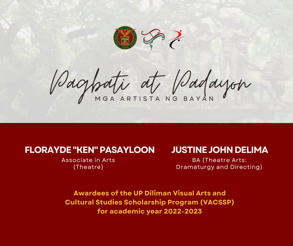 UPDscta's tweet photo. Our warmest congratulations to our students, Ken Pasayloon and Justin John Delima, awardees of the UP Diliman Visual Arts and Cultural Studies Scholarship Program (VACSSP) for academic year 2022-2023.

Your DSCTA family is proud of you. Pagbati at padayon, mga artista ng bayan! https://t.co/iEQEiiyZs4