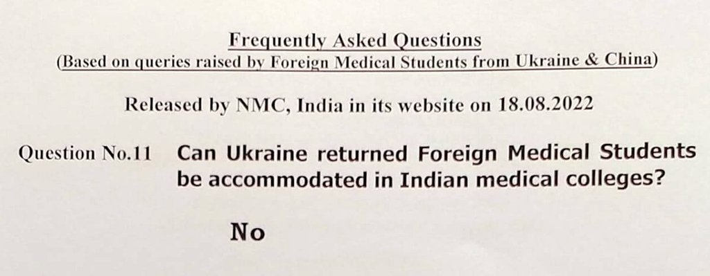 pratik_dhal's tweet photo. Isn't release of Qs. No.11 (FAQs dt.18.8.2022) by @NMC_IND is a grave mistake, against the 15th report of Committee on External Affairs (2021-22) Para-2.67 &amp; illegal? @narendramodi ji 🙏 kindly intervene in the matter &amp; absorb us in India. #UkraineRussiaWar @PMOIndia @MEAIndia https://t.co/AUfXh15NMC