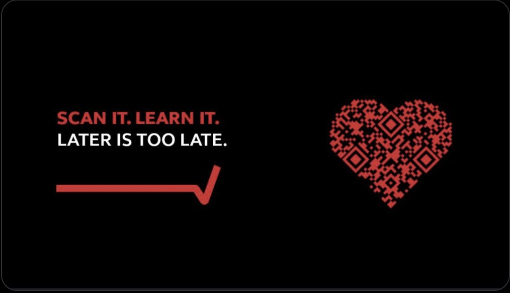 This is a different approach,this heart shaped QR code takes you to the UK Resus website,you can either look / listen to a short video (with different languages) or read about how to do CPR

It's a great skill to have &amp; you just might save someone's life,how good would that feel?