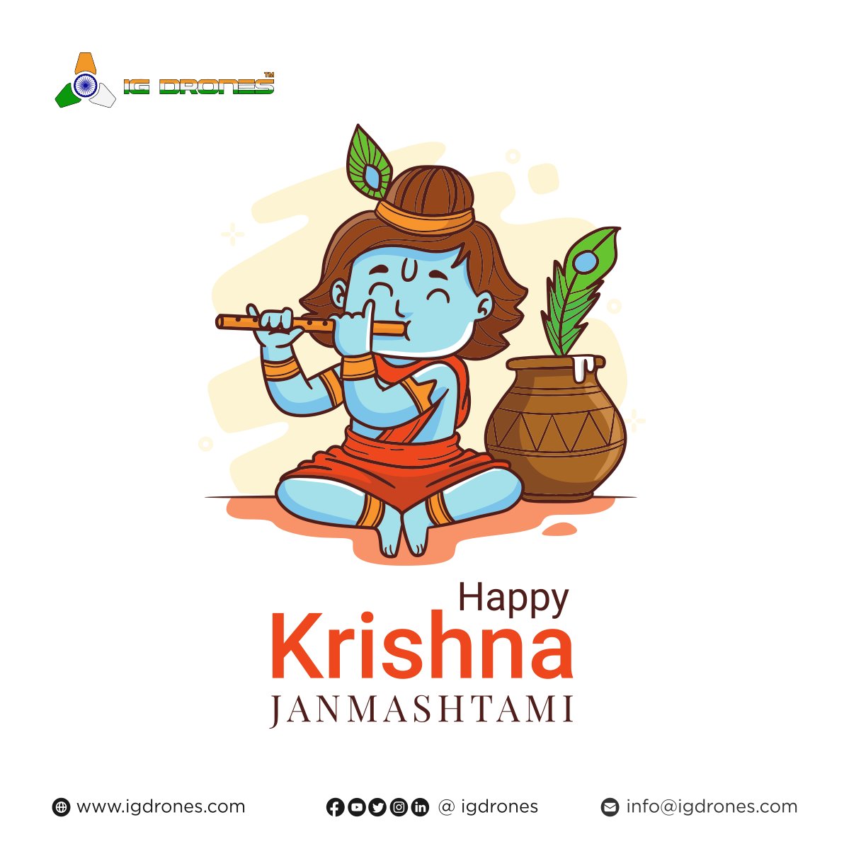 IGDefence's tweet photo. Happy Janmashtami 2022 ! On this Krishna Janmashtami, We pray to Lord Krishna to always shower you with his choicest blessings and empower you with the strength to follow the right path in life !!! 

#igdrone #igdroneindia #DroneTech #janmashtami2022 #lordkrishna https://t.co/EpuWevg6Zp