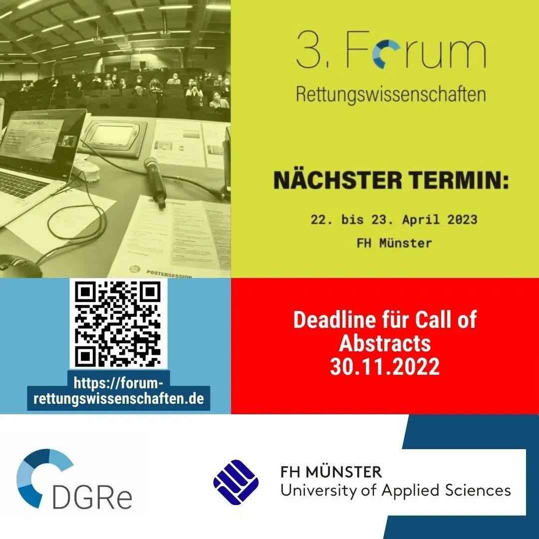 dgre_org's tweet photo. Rettungswissenschaften sind das deutschsprachige Pendant zu Paramedicine oder Paramedic Science aus dem englischen Sprachraum. Das #3FoRe findet im April 2023 in Münster statt. Der Call for Abstracts geht bis zum 31.11.2022:
https://t.co/C7nL3vTZZa #DGRe #Rettungswissenschaften https://t.co/RPwqqf6x0I