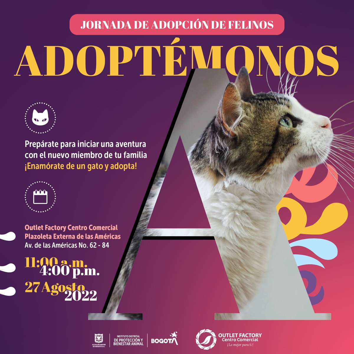 outletfactoryco's tweet photo. Vuelve nuestra GRAN JORNADA DE ADOPCIÓN en versión felina, a cargo de @AnimalesBOG 

Ven y déjate adoptar por un 🐈 para toda la vida.

Te esperamos el próximo sábado 27 de agosto de 11AM a 4PM en nuestra Plazoleta de la Av. de las Américas. https://t.co/hIZkxV10WE