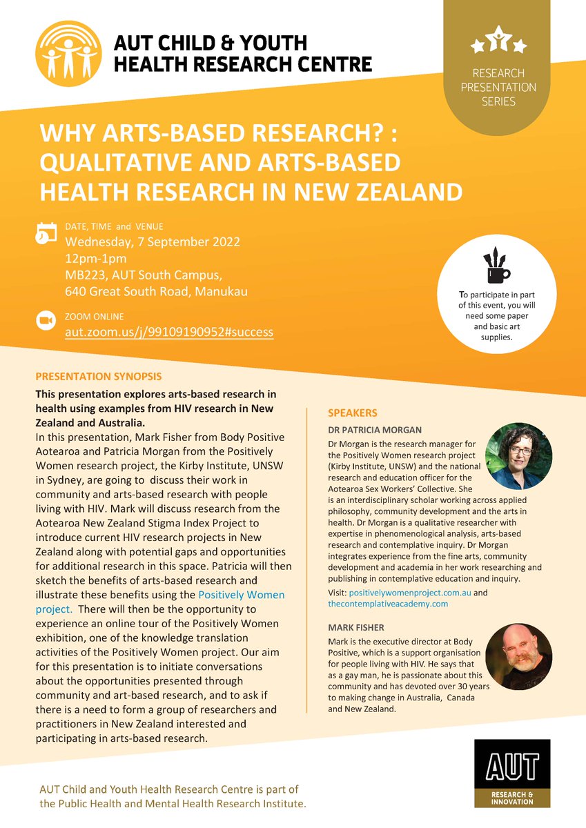 AUT Child and Youth Health Research Centre invites you to attend a presentation Synopsis. 

📅Wednesday 7 Sept 2022 12pm-1pm
📍MB223, AUT South Campus, 640 Great South Road, Manukau
📹Zoom
aut.zoom.us/j/99109190952#…
Check the poster for more details👏
#AUTUNI #AUTSPHIDS