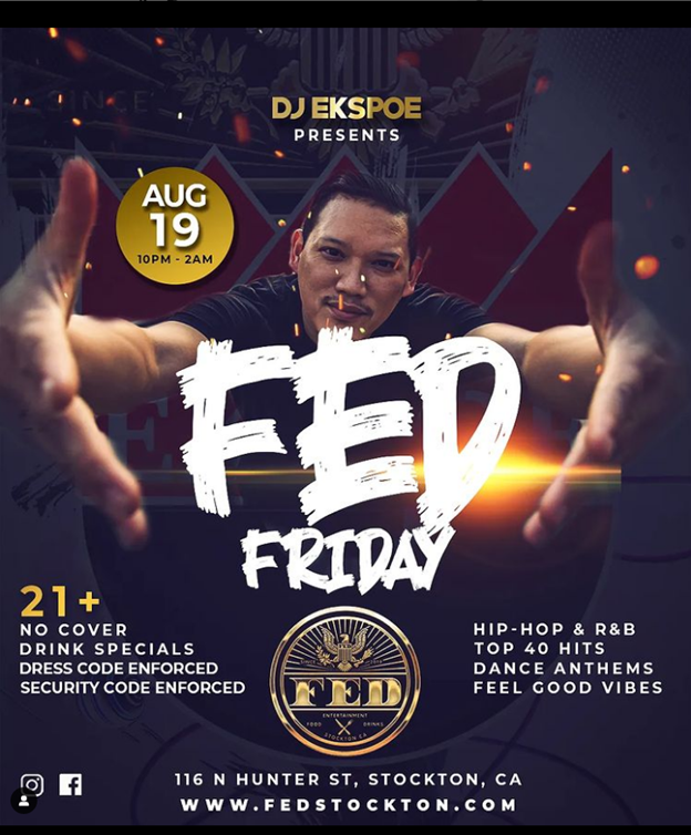 DowntownStkn's tweet photo. @djekspoe runs Friday nights @ @fedrestaurant!
Treat yourself to dancin' and vibin' 🎶
#FEDFriday #DowntownStockton #TreatYourself #EverybodyEats #livemusic #nightlife #drinkstockton #hiphop #randb #itsavibe #datenight #top40 #dance #house https://t.co/dahY48hfTg
