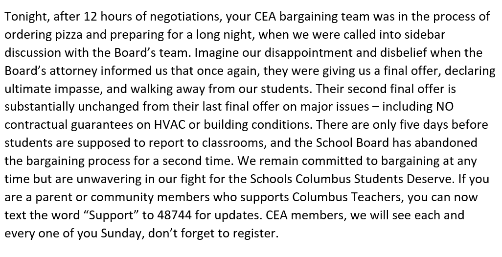 BREAKING Bargaining Update: After 12 hours of negotiations today, <a href="/ColsCitySchools/">Columbus City Schools</a> has abandoned the bargaining process and walked away from our students for a second time.