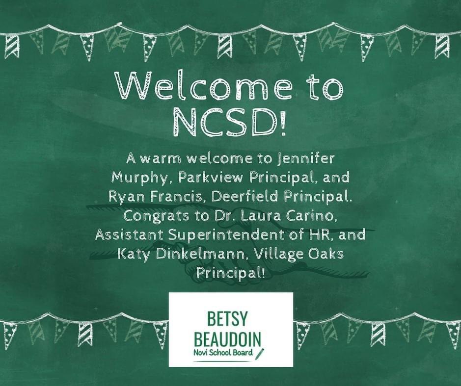 betsy4ncsd's tweet photo. Tonight @NCSD BOE approved Jennifer Murphy as principal @NoviParkview &amp; Ryan Francis as principal @DeerfieldNovi @LauraCarino98 was promoted to Asst Sup of HR &amp; @katydinkelmann was promoted to principal @NoviVillageOaks. I am excited to collaborate them for #eachchildeachday! https://t.co/DQK22TuTqq