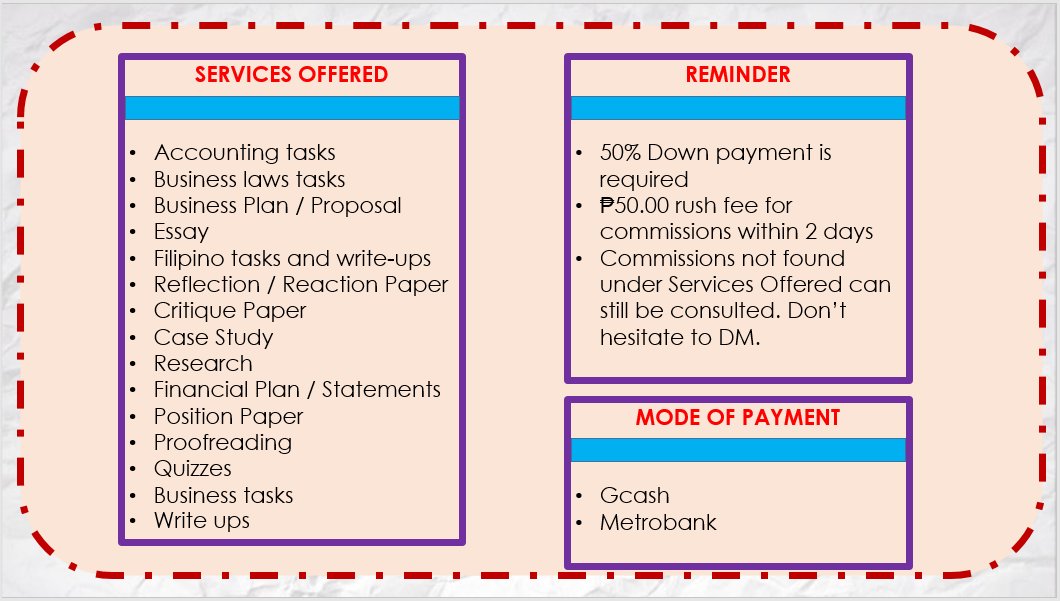 2ndAcad's tweet photo. Hello! Please refer to the photos below and DM your comms😁😁

Quality output is guaranteed🥰 https://t.co/nz3ctIXzPK