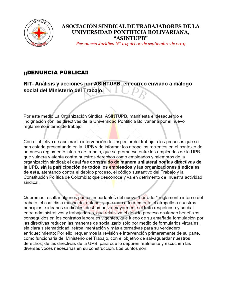 "DENUNCIA PÚBLICA" Análisis y Acciones por ASINTUPB, en correo enviado a diálogo social del Ministerio de Trabajo. #UPB
drive.google.com/file/d/1lcNFUd…
<a href="/cutcolombia/">Central Unitaria de Trabajadores</a> <a href="/fecode/">fecode</a> <a href="/NoticiasUno/">Noticias Uno</a> <a href="/upbcolombia/">UPB</a> <a href="/wilsonariasc/">Wilson Arias</a> @WRA <a href="/ACEU_Colombia/">ACEU Colombia</a> <a href="/SintraunalMedel/">SintraunalMedellín</a> <a href="/BluRadioCo/">BluRadio Colombia</a>