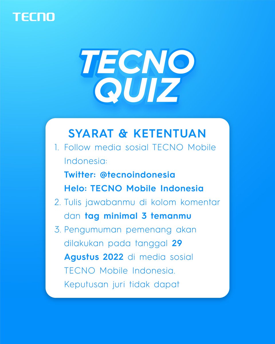 TECNO Quiz masih ada nih gaesss. Untuk kalian yang bisa menemukan hasil persamaan berikut ini silahkan ikutan.

#QUIZ #TECNOPOVA3 #TECNOPOVA2 #TECNOPOVANEO #TECNOPOP5LTE #TECNOSPARK8C #TECNOMobileIndonesia #StopAtNothing