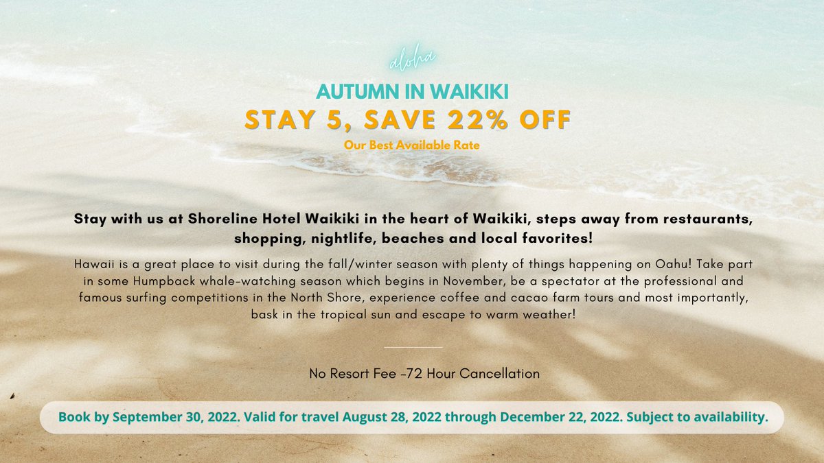 Plan a vacation to Hawaii and escape to paradise this fall/winter season! Stay five nights and SAVE 22% Off! bit.ly/3QPdtIL

#Hawaii #Waikiki #Oahu