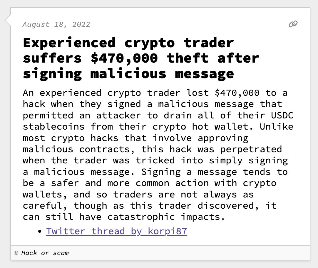 Experienced crypto trader suffers $470,000 theft after signing malicious message

August 18, 2022
web3isgoinggreat.com/?id=experience…