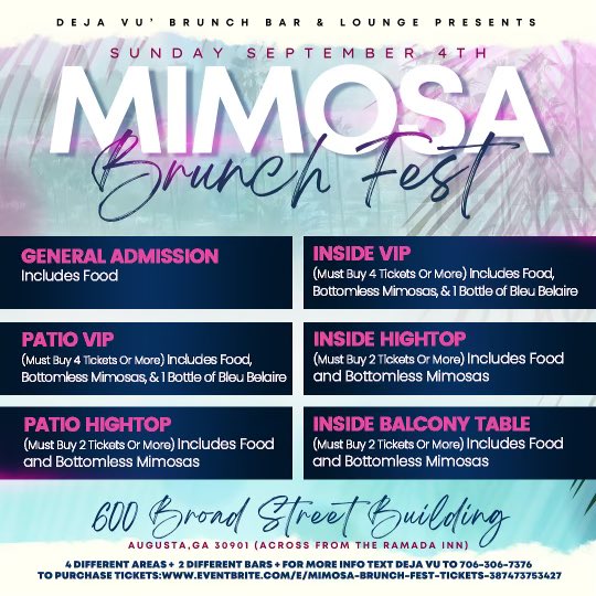 allabout_money2's tweet photo. DEJA VU’ BRUNCH BAR &amp; LOUNGE PRESENTS
THE MIMOSA BRUNCH FEST🥂🥂🥂🥂🥂🥂🥂🥂🥂🥂🥃🍹🥃🥃

SUNDAY SEPTEMBER 4TH

@ THE 600 BROAD STREET Augusta, Ga 30901

DOORS OPEN AT 12PM

BOTTOMLESS MIMOSA ALLDAY LONG

HOOKAH💨💨💨 WILL BE AVAILABLE

GET YOUR TICKETS https://t.co/EAGQyZc1Vu https://t.co/GGPryycBNP