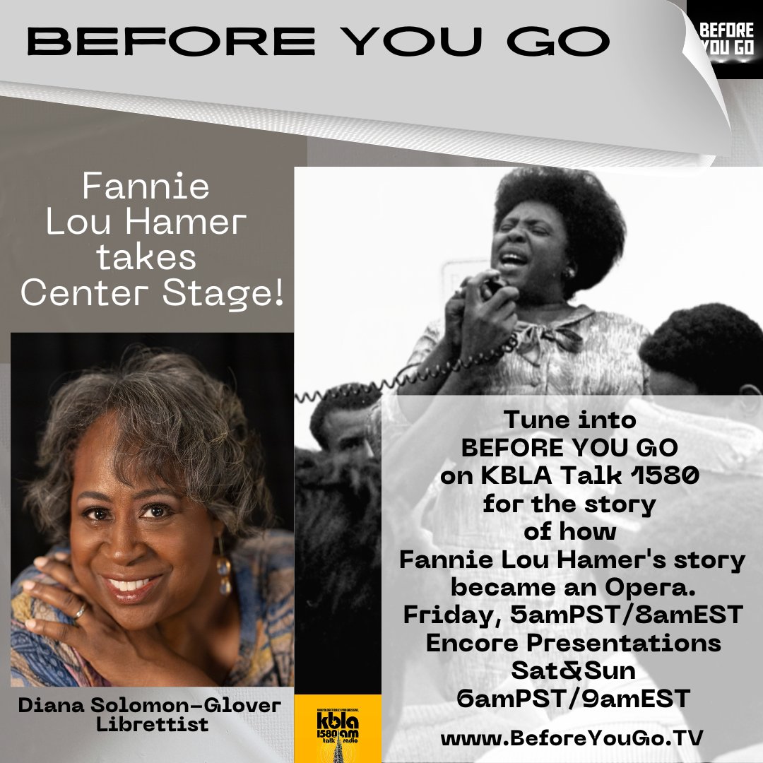 Nicoleedits's tweet photo. Bring your #opera glasses and grab a front row seat! Librettist Diana Solomon-Glover is our guest on #BeforeYouGoTV. She and Chandler Carter debut the story of the iconic Fannie Lou Hamer onstage in Santa Fe! Don't miss this captivating story #ThisLittleLightofMine on @kbla1580 . https://t.co/0HyJAXAnTZ