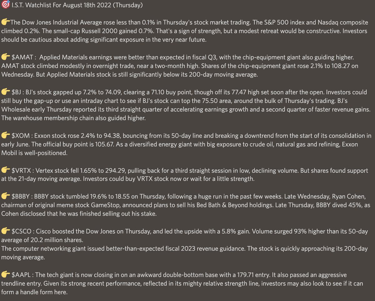 AMadMoneyIST's tweet photo. IST Watchlist for Friday 
$AMAT $BJ $XOM $VRTX $BBBY $CSCO $AAPL https://t.co/oNJ9evkNgY