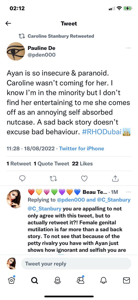 Beau_Tea_'s tweet photo. @Andy @BravoTV I think it is appalling that one of your housewives could retweet &amp; agree with this tweet. @C_Stanbury is trying to trivialise #femalegenitalmutilation #fgm comparing it to a ‘sad story’ Hold your employees accountable for such actions!! #RHODubai https://t.co/wO3JAd7h0a