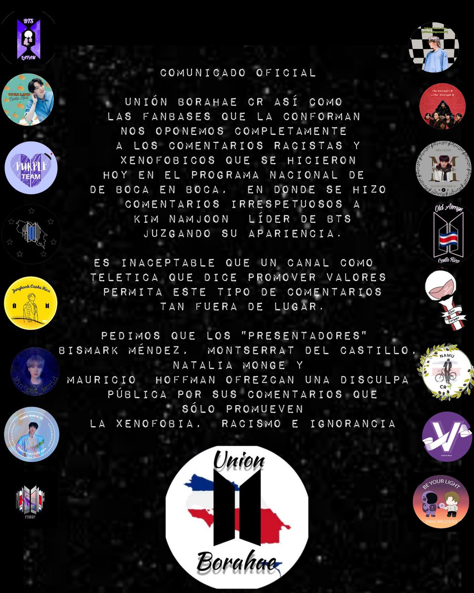 union_cr's tweet photo. 🚨🚨Comunicado oficial 🚨🚨

 @CrDebocaenboca @teletica7

"No está mal ser diferente y es momento de aceptar nuestras diferencias. Todos tienen su propia historia y esperamos que hoy sea un paso para respetarnos y entendernos entre nosotros".

-Kim Namjoon líder de BTS - https://t.co/4j8WyLpW4u