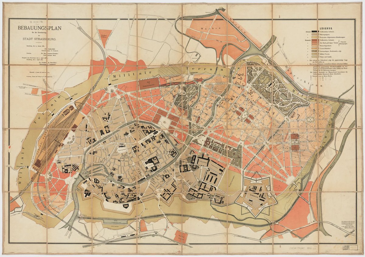 The 1880 "Bebauungsplan für die Erweiterung der Stadt #Strassburg" ("Development plan for the expansion of the city of Strasbourg") #HarvardLibrary 

high-res: digitalcollections.library.harvard.edu/catalog/990114…